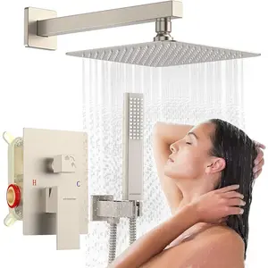 Rain Shower System Faucet 10 Inch Overhead Rainhead Combo Set with Handheld Rainfall Brush, Modern Design, Luxury Finish