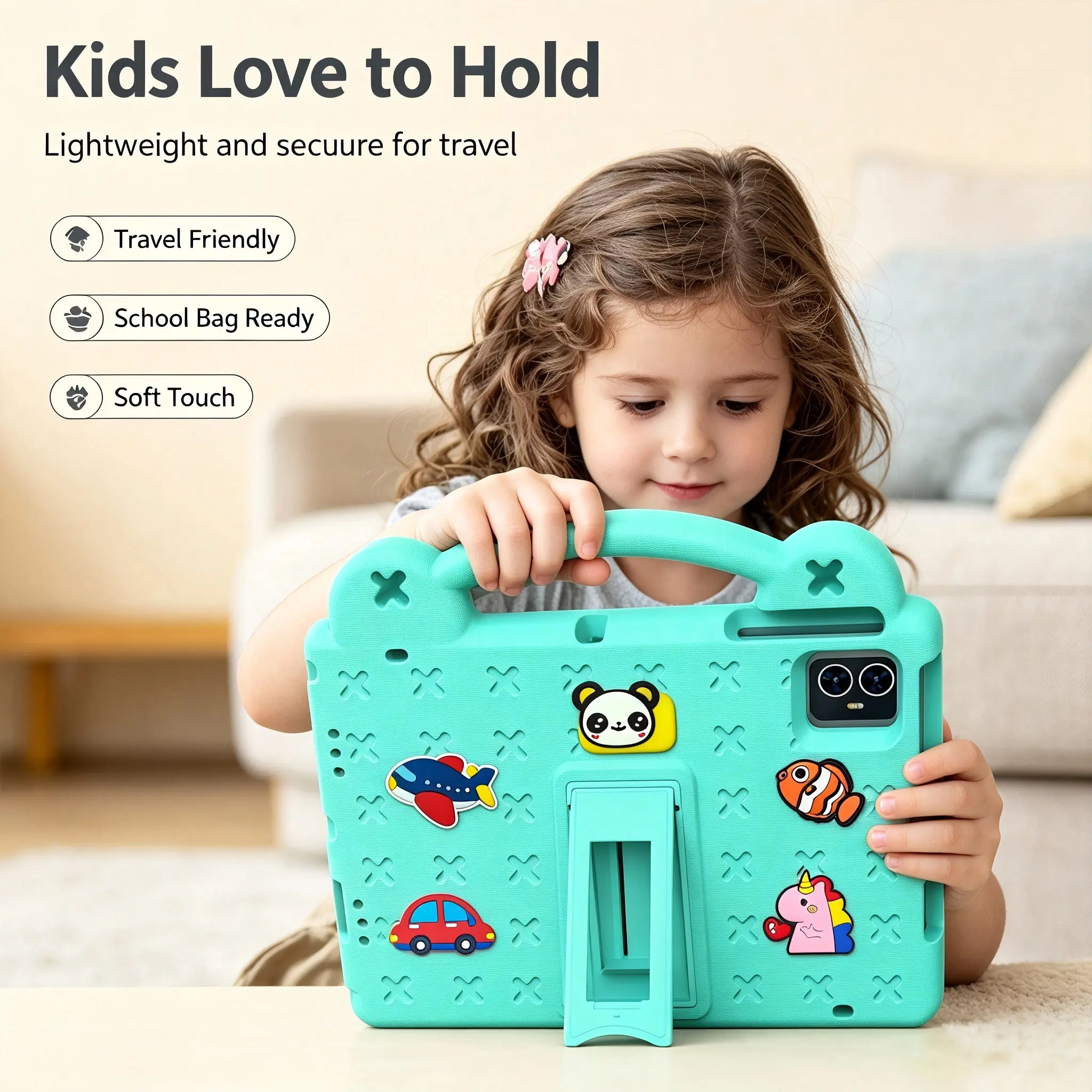 for T-Mobile Revvl Tab 2 10.1in 2025 Tablet Case EVA Shockproof, Kid-Friendly Foldable Cover with Stand, Handle, Shoulder Strap, Cartoon Figures & Non-Woven Material for Enhanced Protection Protective Durable Casing