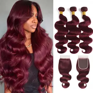 Gefily[14A]Human Hair Bundles with Closure Body Wave 99j Burgundy Bundles with 4X4 Closure 16 18 20+16 Inch 14A Brazilian Raw Human Hair Extensions Wine Red Color Body Wave Quick Weave