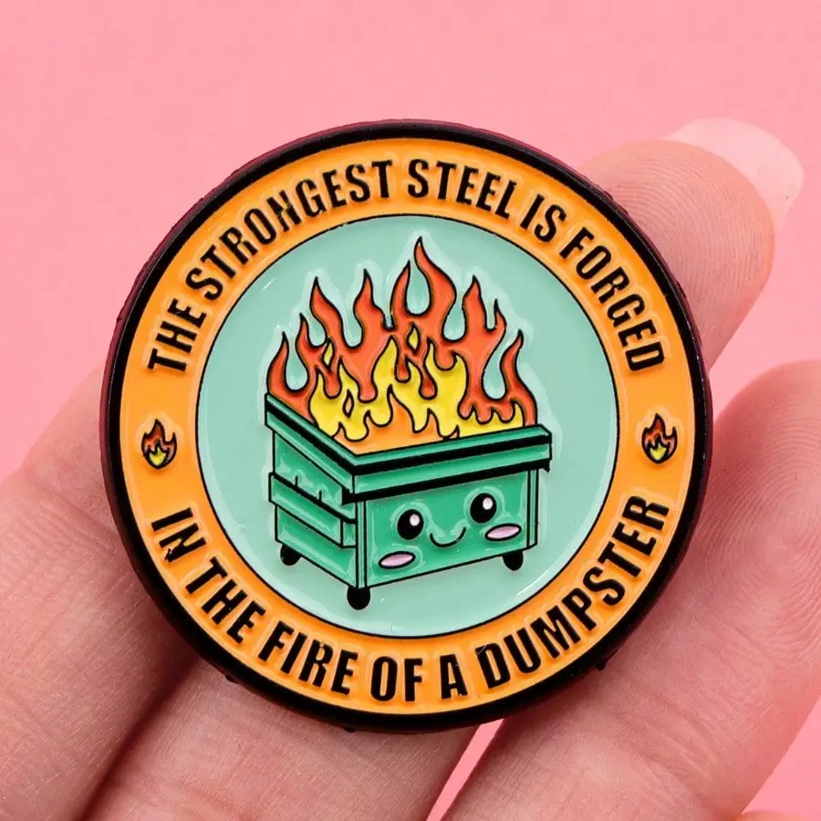 1PCS Unisex Green Dumpster Enamel Brooch Pin - 1.5" dia. Metal Collectible, Office Humor Chaos Coordinator Lapel Badge, Funny Gift for Team Leaders, Detailed Enamel Graphic Accessory with Secure Clip, Flame Motif