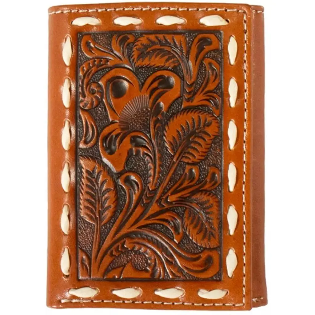 Nocona Western Men Trifold Wallet Leather Floral Buck Lace Stitch Tan N500045208