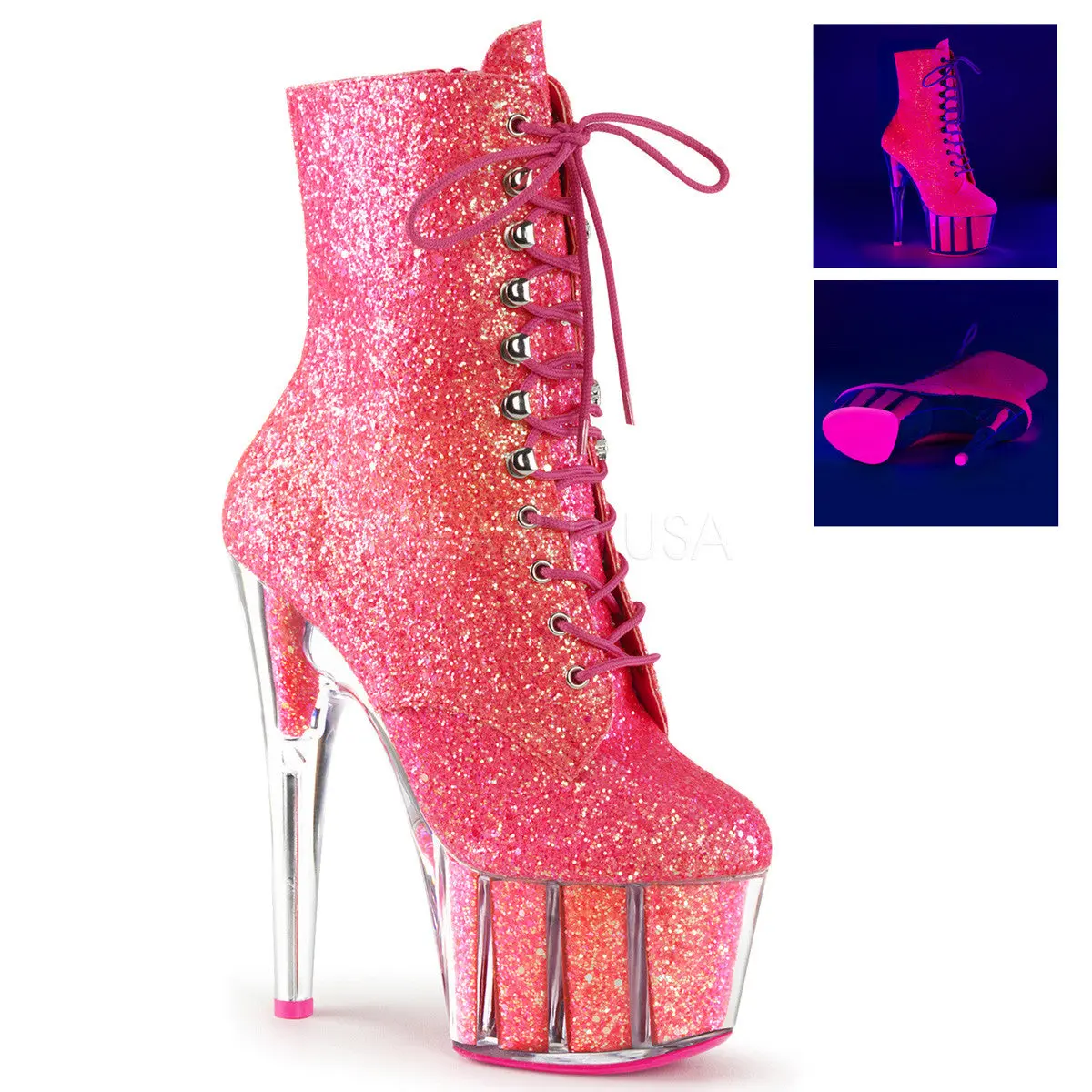 Women's Neon Pink Glitter Upper Lace-Up Platform Heels - 7-in High Heel Shoes with UV Reactive Glow, Side Zip, Lace Detailing, Footwear, Heeled, 2 3/4 Inches