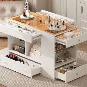 Closet Island with 6 Drawers, Wardrobe Armoire Bedroom Island with Glass Display Top and Open Shelves, Jewelry Storage Vanity Island with compartments, Walk-in Closet Island for Cloakroom, White