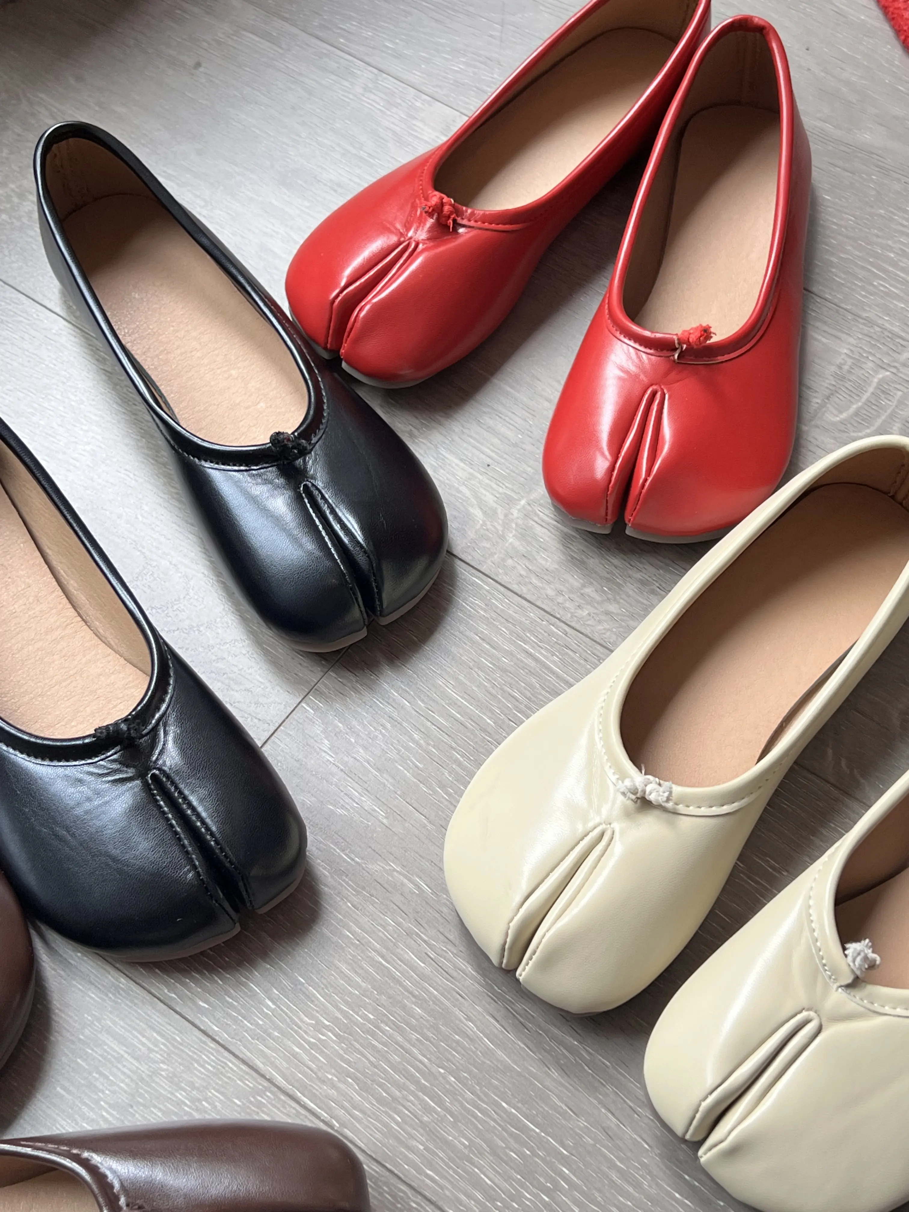 Aesthetic Minimalist Split Toe Loafers Women Soft Flexible PU Slip On Flats Lightweight Non Slip Sole Daily Dating Office Travel Footwear 4 Classic Solid Color Black Coffee Red Cream Viral Street Style Comfort Walking Shoes For Ladies