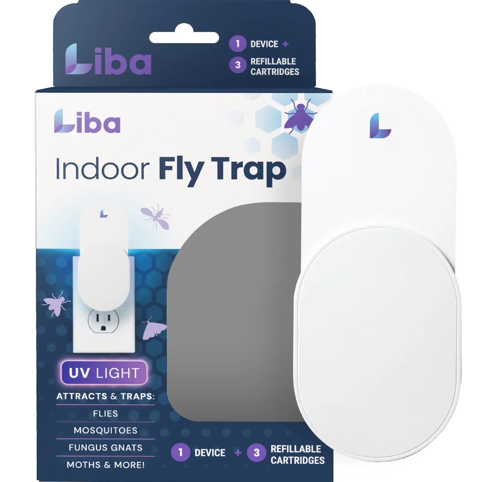 Liba Silent UV Plug-In Fly Trap Device Multi-Insect Catcher - Chemical-Free, Light-Equipped for Kitchen, Plant Gnat & Fruit Fly Control (Includes 3 Refills)