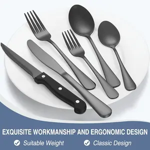 24-Piece Black Stainless Steel Silverware Set, Flatware Set for Kitchen, Cutlery Set with Steak Knives Black Stainless Steel Flatware Set for 4 Food Grade Tableware Cutlery Set Rust-proof, Dishwasher Safe