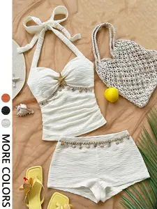 Women's Metal Starfish Decor Pleated Wave Texture Halter Top And Shorts Set,, Tie Back Closure, Beach Vacation & Poolside Casual Wear, Boho Coastal Style