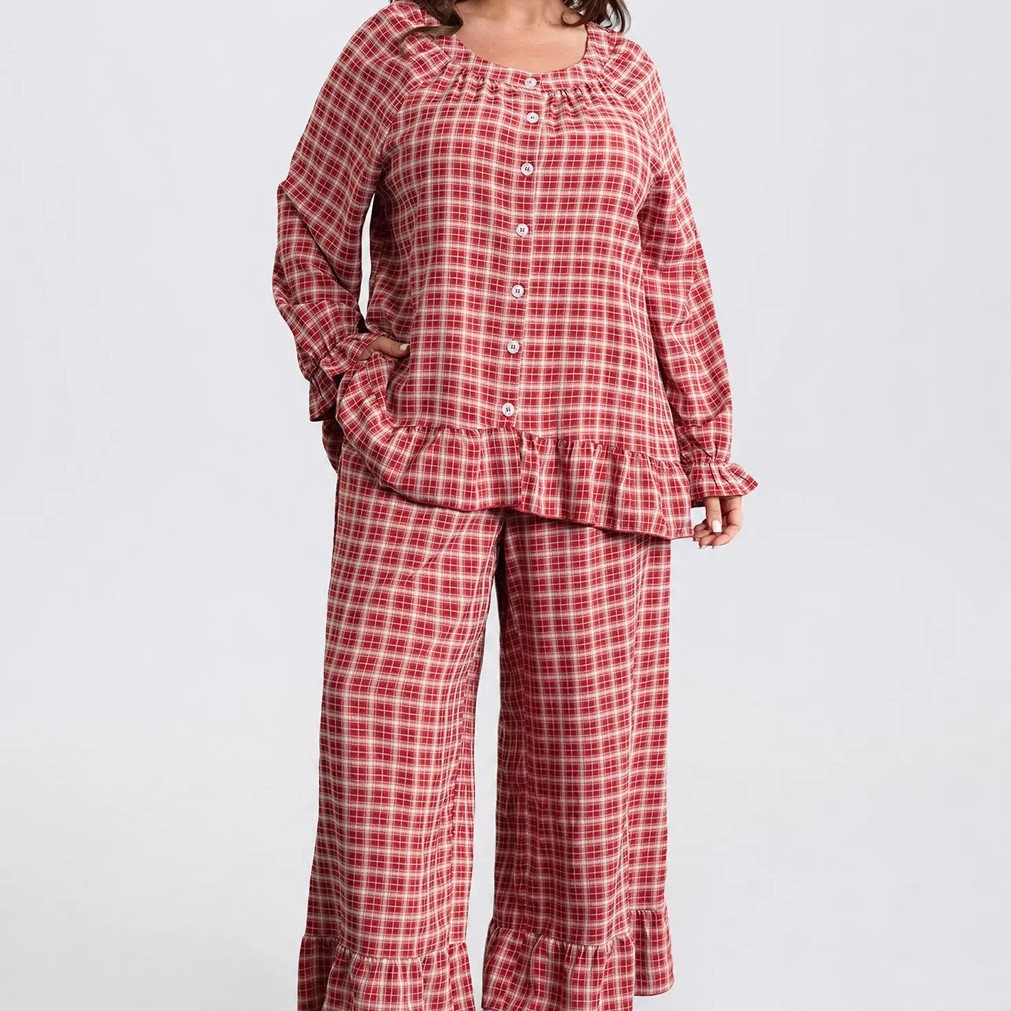 BloomChic Gingham Print Ruffled Hem Co-Ord Pajama Set 【M-6XL】 BloomChic Gingham Print Ruffled Hem Co-Ord Pajama Set 【M-6XL】