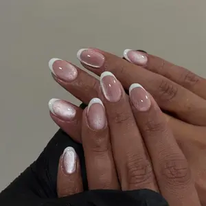 24pcs Slim Oval Fake Nails, Nude Moonlight Cat Eye French Style, Easy Peel-And-Stick, Nail Kit, Perfect for Tea Time and Short Trips