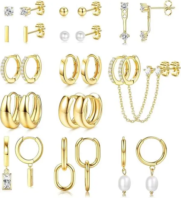 BESTEEL 13 Pairs Small Gold Hoop Earrings Set for Women 14K Gold Plated Lightweight Huggie Hoops Hypoallergenic Pearl Dainty Stud Hoop Earrings for Gift Springtok