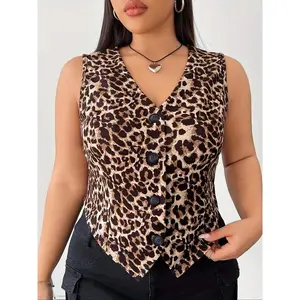 ��Plus Size�� Leopard Print Button Front Vest, Casual Sleeveless V Neck Waistcoat for Daily Wear, Women's Plus Clothing for All Seasons(Sheet)