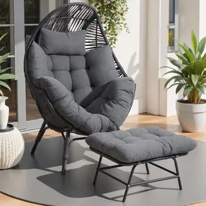 IRONCK Wicker Outdoor Egg Chair with Ottoman, Patio Lounge Chair with Footrest, Thickened Padded Cushion and Headrest, Egg Seat for Patio, Living Room, Garden, Balcony, Dark Gray