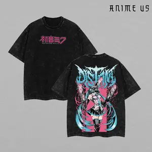 Chainsaw Miku Vintage Oversized Double Printed Washed Tee | Unisex Heavyweight Cotton Anime TShirt Menswear Top Fabric
