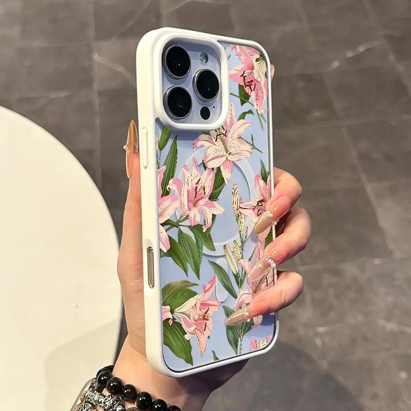 Chic Magnetic TPU Protective Cover, Anti-Slip Ultra-Thin Smartphone Case for iPhone 11/12/13/14/15/16/17 Pro, ProMax, Plus, Pink Lily Daily Mobile Phone Accessory