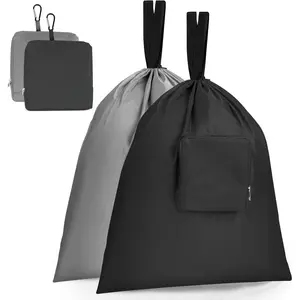 Travel Laundry bags, 2 Pack Dirty Laundry Travel Bag, Foldable Dirty Clothes Bag for Traveling, Washable and Small Laundry Bag with Handles for Suitcase, Gym, Camping, Black+Grey