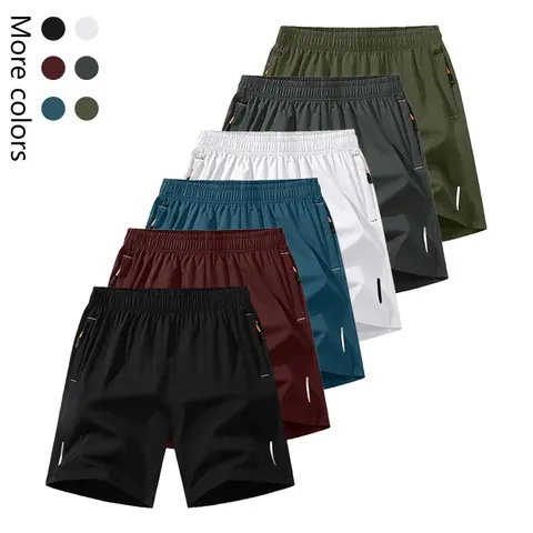 Men’s quick-dry outdoor sports shorts, 6-pack — breathable, comfortable, with zippered pockets and a drawstring, featuring silver reflective tape and an elastic waistband; suitable for tennis, running, outdoor fitness, summer gatherings, beach parties, an