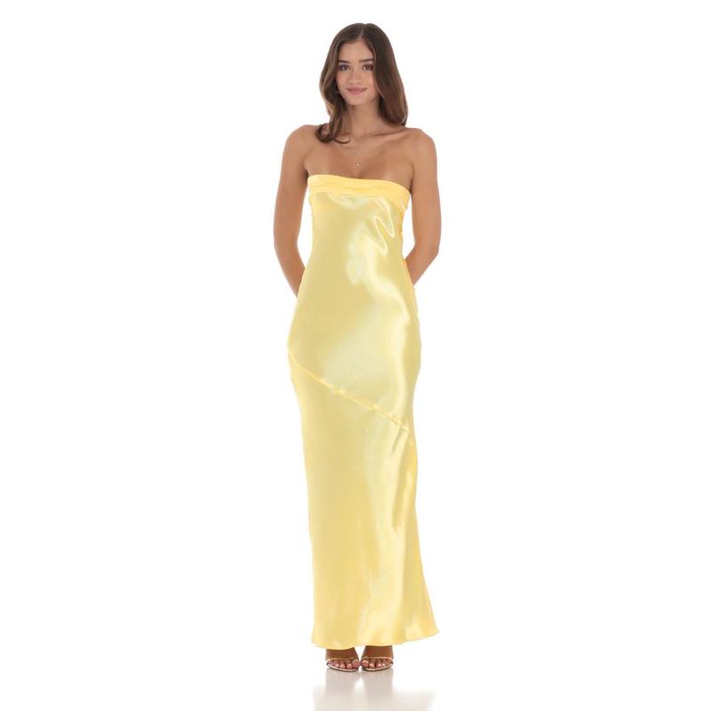 Strapless Satin Open Back Maxi Dress in Yellow