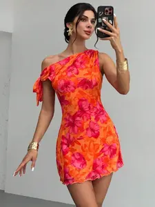 Women's Summer New Floral Asymmetric Shoulder Sleeveless Mini Dress, Mesh Floral Dress, Elegant Sexy Beachwear, Party, Festival, Graduation Gown, Elegant Chic Dress