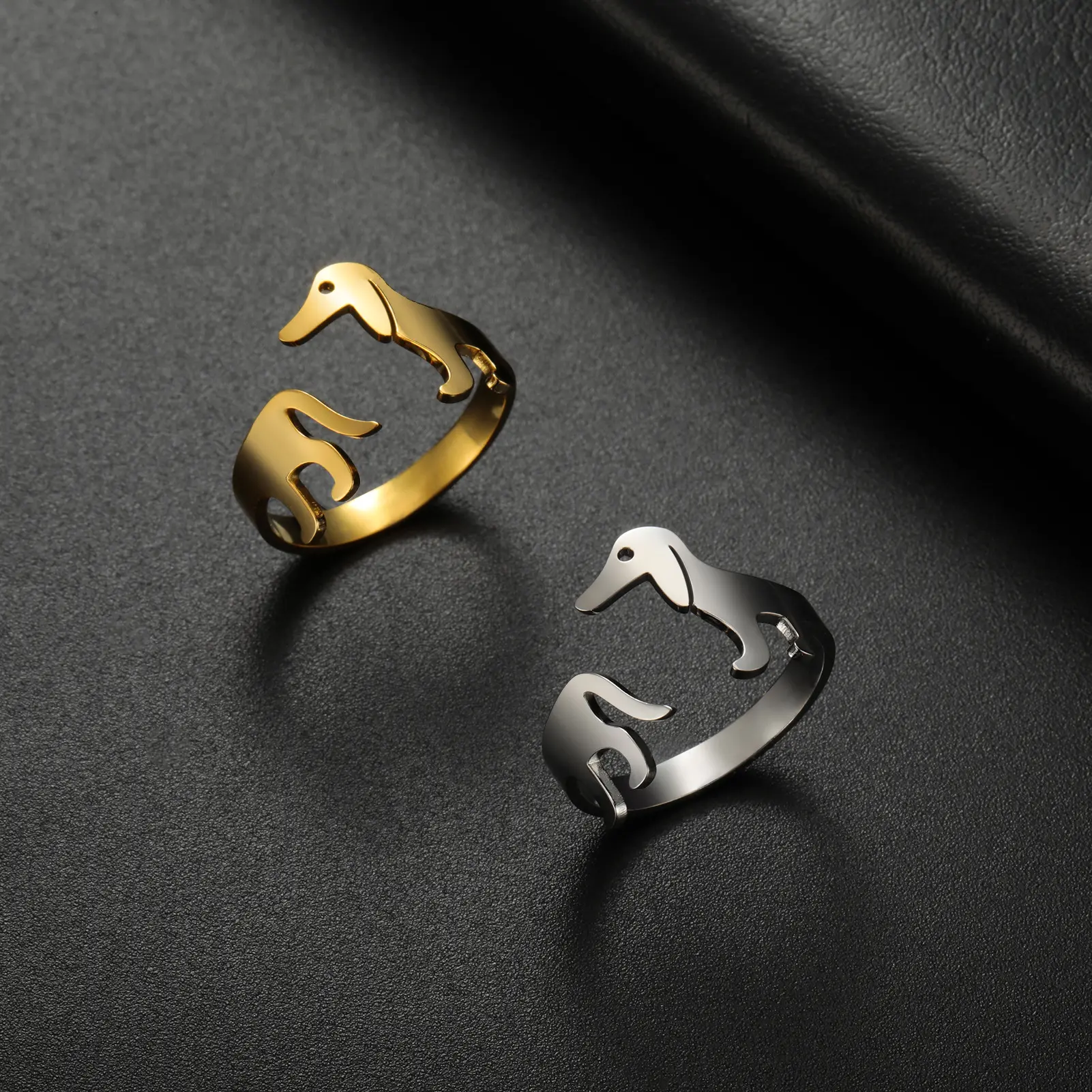 Adjustable Open Dachshund Dog Ring, Trendy European-American INS Style Titanium Steel Everyday Jewelry