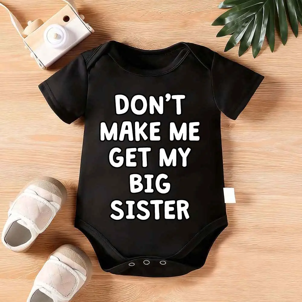 Unisex 100% Cotton Baby Romper - "DON'T MAKE ME GET MY BIG SISTER" Print, Short Sleeve Triangle Jumpsuit, Casual Comfortable Baby Clothes for Newborn Boys, Outdoor Use, Newborn Baby, Baby Design Unisex Bodysuits & One-Pieces