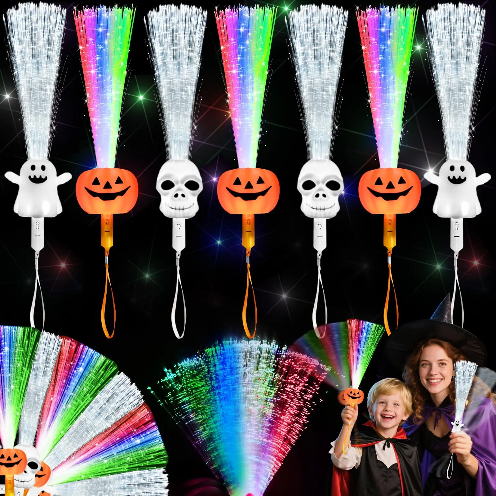 3 Modes - 6 Pack Halloween Glow Sticks Fiber Optic Wands Light Up Toys, Glow in the Dark 3 Design Pumpkin, Skull & Ghost Wand with Flashing Modes, Halloween Party Favor for Kids, Trick or Treat,Goodie Bag Gifts