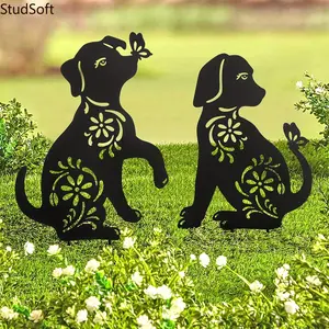 Metal Dog Garden Decor, Cute Puppy Butterfly Yard Art, Outdoor Lawn Patio Decorative Stakes
