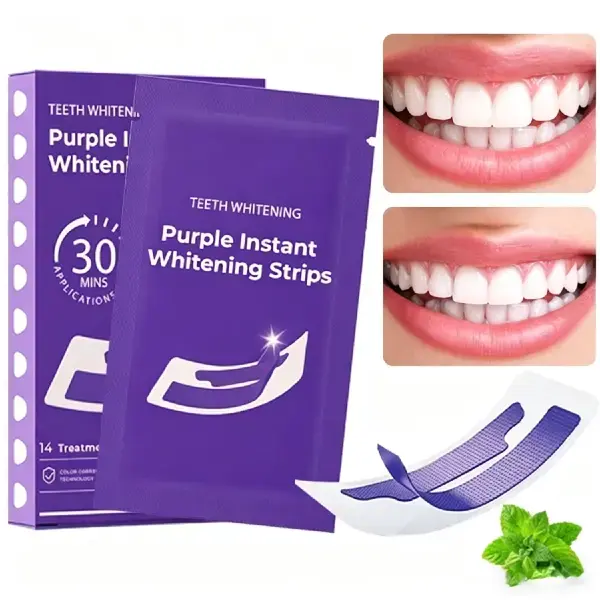 Purple Teeth Whitening Strips – Enamel Safe & Peroxide-Free, Removes Stains for a Brighter Smile, 14-28 Strips Available, Perfect for After Meals & Before Dates, Adult Use Only Daily Oral