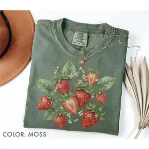 [Made In USA] Vintage Strawberry Shirt, Cottagecore Strawberry Botanical Tee, C0mfort C0lors Berry Fruit Graphic Shirt, Retro Garden Aesthetic T-Shirt