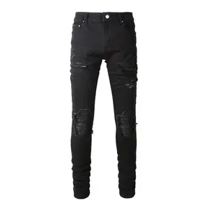 2025 Summer Zhengyu'Shop Men Leather Patch Biker Jeans for Motorcycle Streetwear Holes Ripped Patchwork Stretch Denim Pants Black Skinny Tapered Trousers