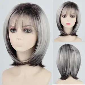 Peluca de longitud media con flequillo para mujeres blancas, rubio en capas, balayage, cabello lacio, peluca de cabello sintético natural, peluca de repuesto de cabello ombré platino con