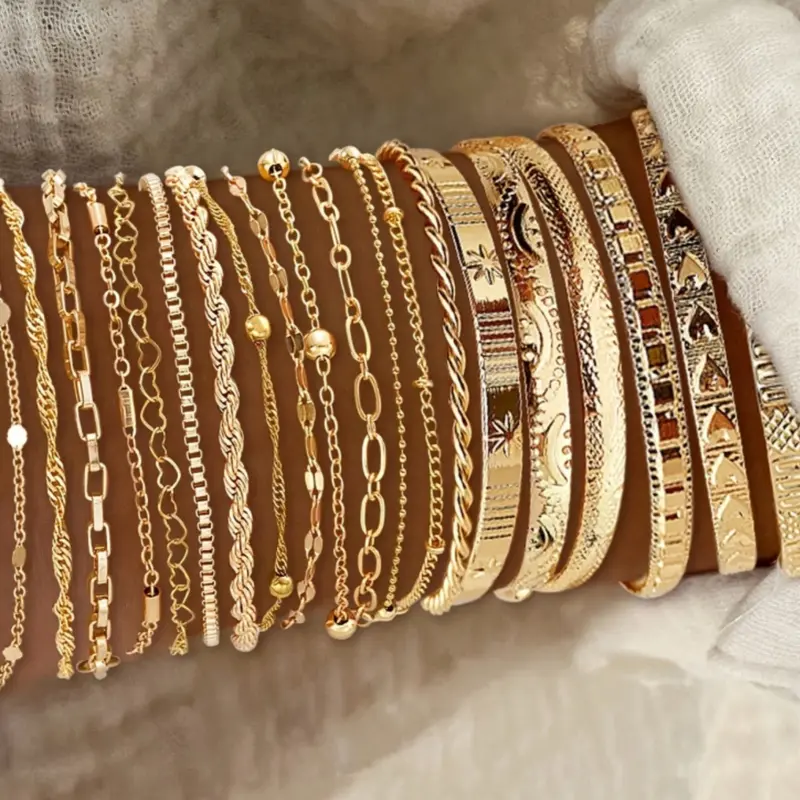 20pcs/Set Elegant Women's Bracelets, Fashion High-Quality Bracelets, Versatile Accessories for Daily Wear, Ideal Gifts, Perfect for Any Occasion, Stackable Bracelet Set, Alloy Chain Bracelet, Bracelet Bundle