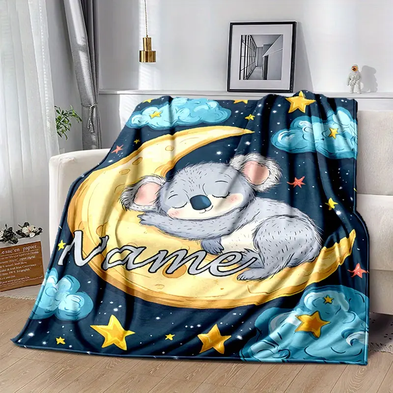 Personalized Animal Print Koala Blanket - Custom Name, Soft Polyester Fleece, Portable All-Season Throw, Digital Print, Cozy Glam Bedding for Napping, Camping, All Seasons