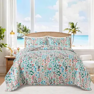 3 Pieces Quilt Bedding Set - Cotton Filling Lightweight Reversible Bedspread with Botanical Floral Pattern, Farmhouse Bed Coverlet for All Seasons