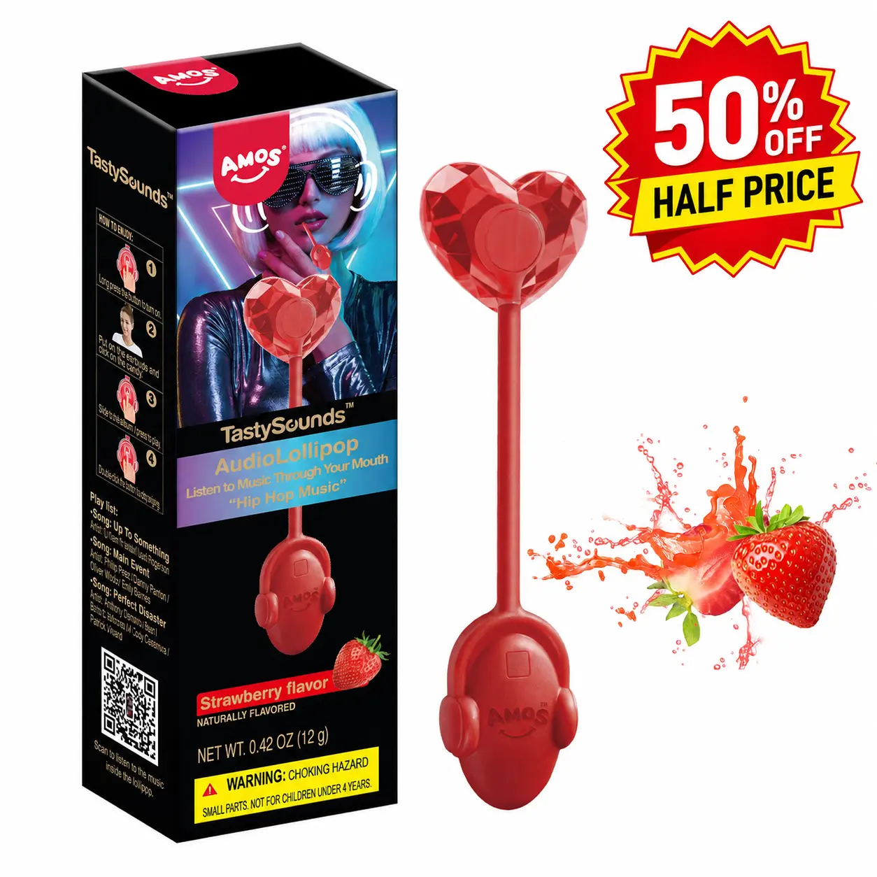 (50% OFF)Amos TastySounds Music Lollipops – Sugar-free heart-shaped candies with bone conduction music tech | K-pop inspired Strawberry, Blueberry, Watermelon, Blackberry Fallontonight lollipop star-1