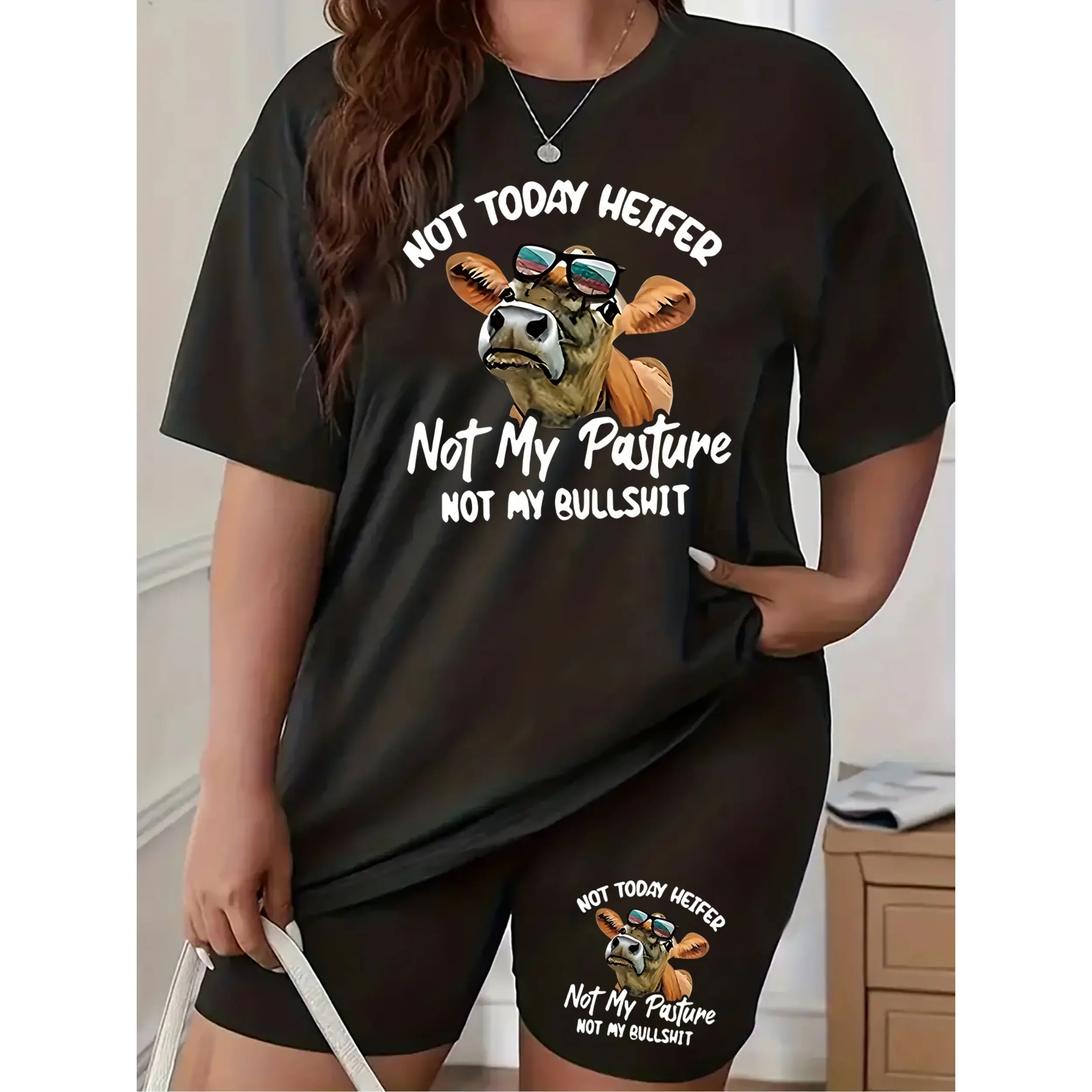 Women's 2-Piece Cow Print Outfits - Funny "Not Today Heifer" Graphic Short-Sleeve T-Shirt & Shorts, Breathable Comfortable Fabric Lady Clothes, Casual Sporty Loungewear Tracksuit for Everyday Use