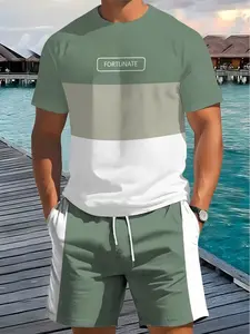 Men's Summer Tropical Casual Tee & Track Shorts Set, Geometric Pattern, Fitted Short Sleeve Top, Lightweight Polyester Knit Fabric