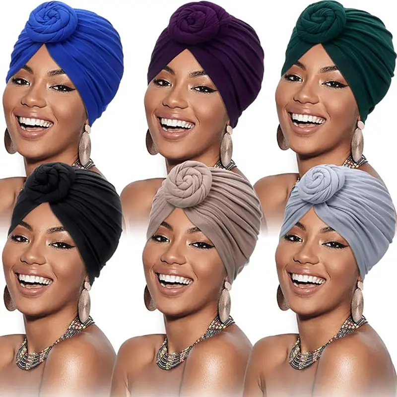6PCS Women African Turban Flower Knot Headwrap Pre Tied Bonnet Beanie Cap Headwrap Hair Loss Wrap Headband Tie summerwins