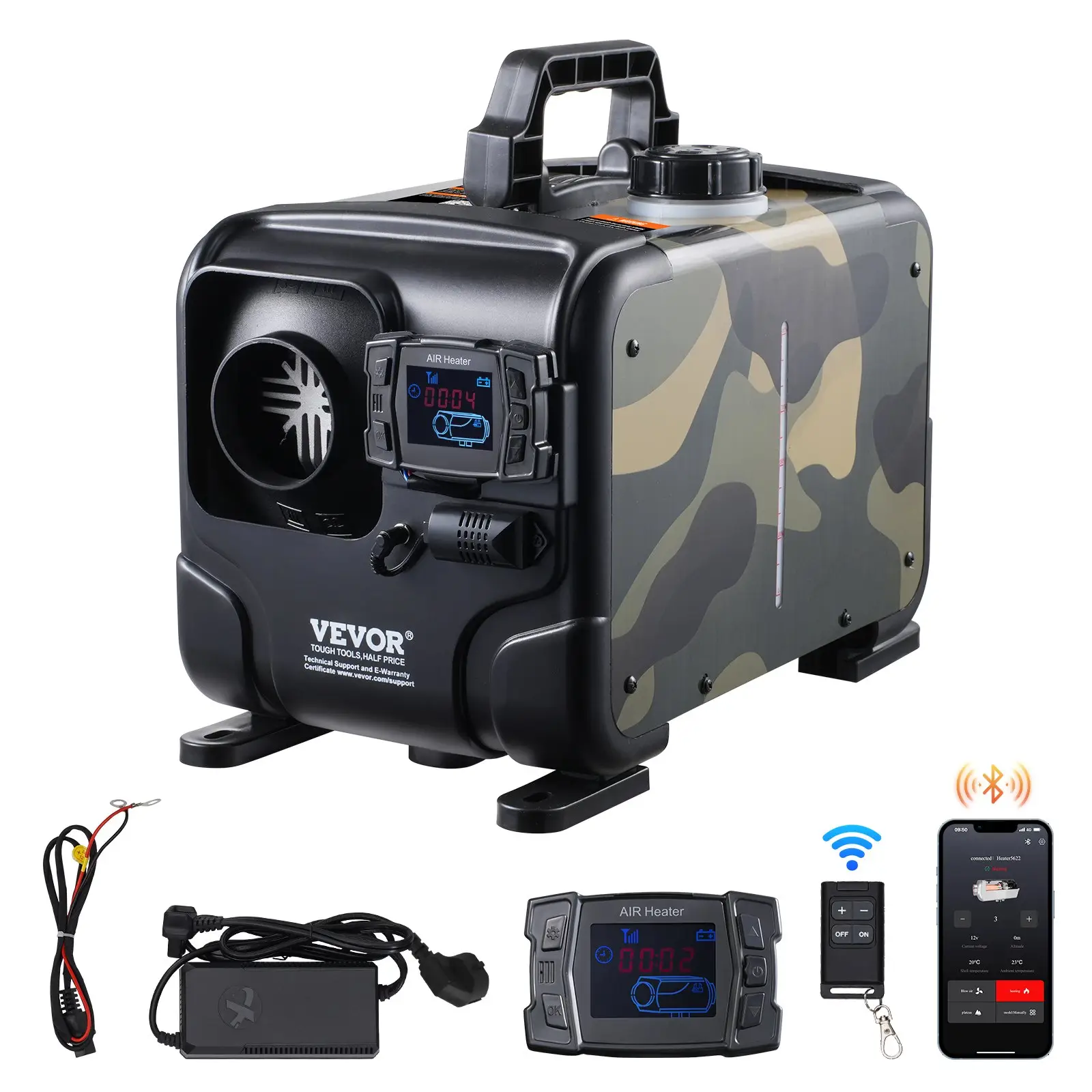 VEVOR 8KW Diesel Air Heater, Upgraded 110V Adapter & CO Alarm, 12-24V All in One Diesel Air Heater, with Bluetooth APP/Remote Control and Display Scre