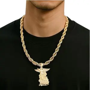 San Miguel Arcangel Bling White Pendant - Crystal Pendant with Rope Torch Chain 20” 4mm - Saint Michael Archangel Necklace for All Occasions - Unisex Religious Jewelry