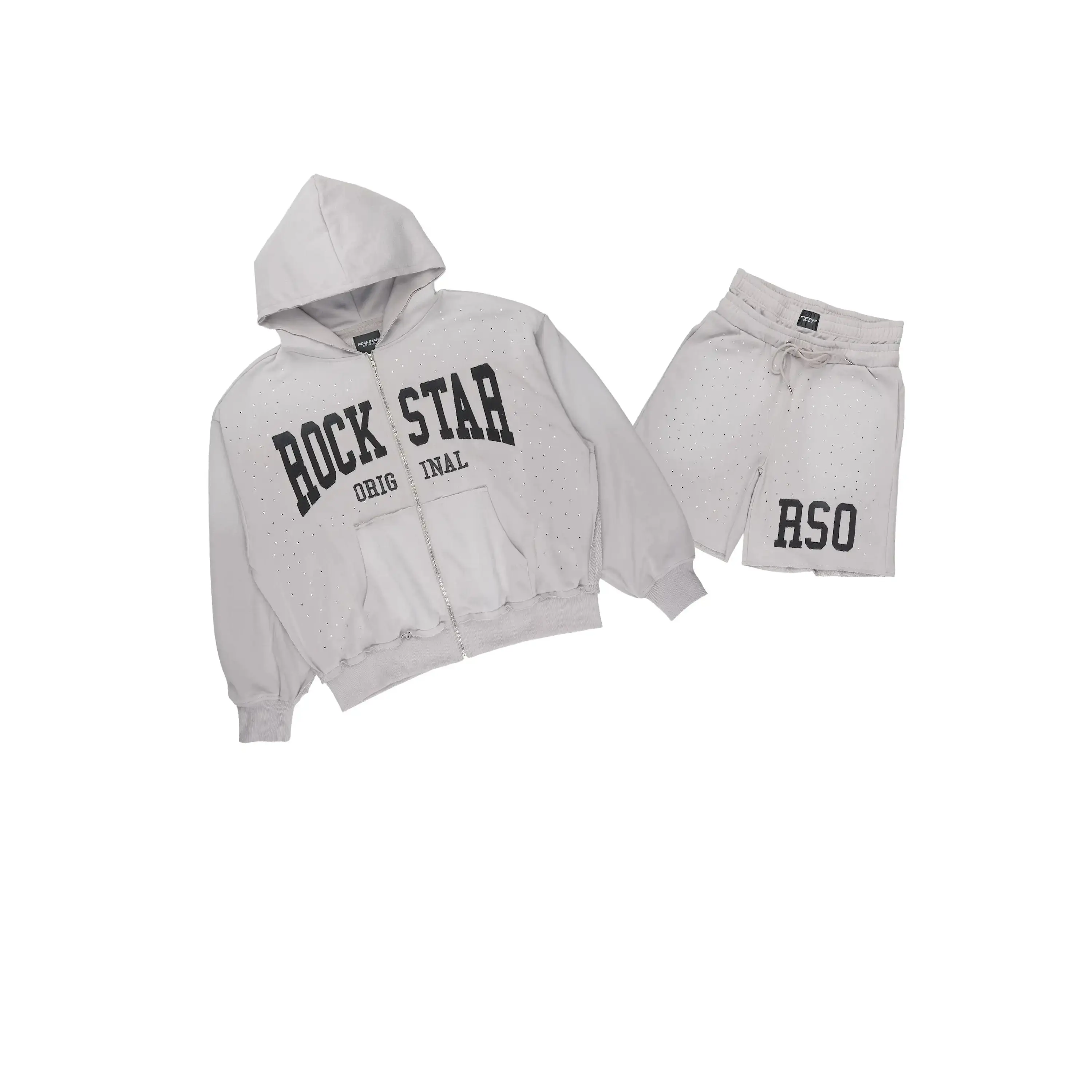 Akila Grey Rhinestone Hoodie Double Waisted Short Set