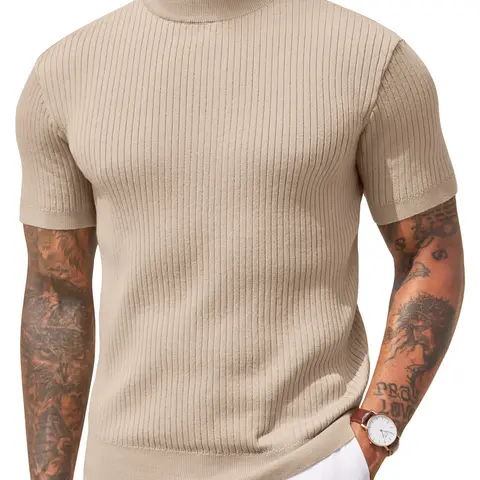 COOFANDY Men's Mock Turtleneck Sweater Short Sleeve Casual Basic Tops Ribbed Knit Pullover Solid Tee, Thoughtful Gift for Him