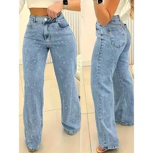 Women’s pearl jeans, distressed denim pants, high-waisted straight-leg pants with an elegant retro fabric hem