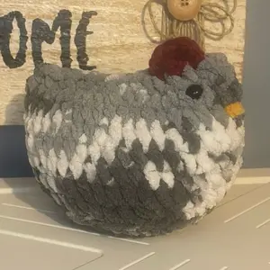 Stuffed Chicken Grey & White Handmade Crochet Decorative Accessory Multicolored Yarn & Black Eyes Perfect for Home or Office Decor