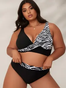 Zebra Print Black  Set for Women Stylish Comfortable Swimwear with Eye-Catching Stripes Perfect for Beach Pool Wear floral tankini triangle tie side  set two-piece bikini swimsuit set
