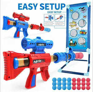 Parent-child Interactive Shooting Game Air Soft Gun Set Toy for Kids Boys 6-10+ Years Old 2 Player Foam Blaster Air Guns 24 Foam Bullet Balls Popper & Target Indoor Sport Safe Non-Toxic ABS Material outdoor birthday gift safe play