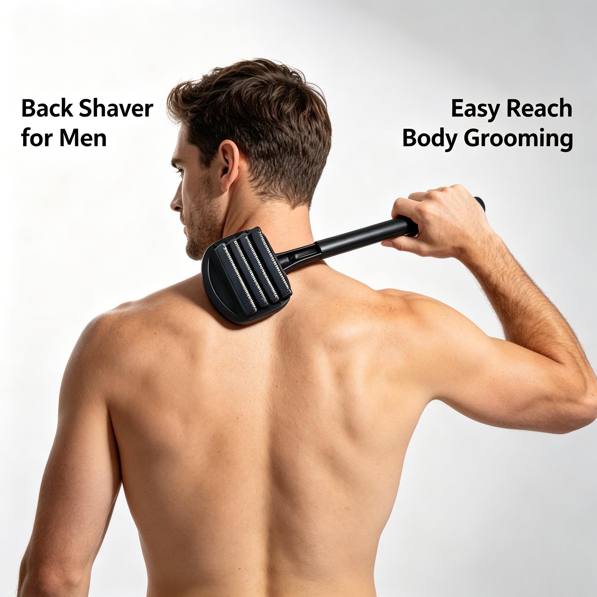 Manual Back Shaver for Men with Long Extendable Handle, Body Back Hair Trimmer for Men with 4 Replaceable Blades, Self-Service Body Groomer Razor, Wet & Dry Shaver for Easy Hair Removal