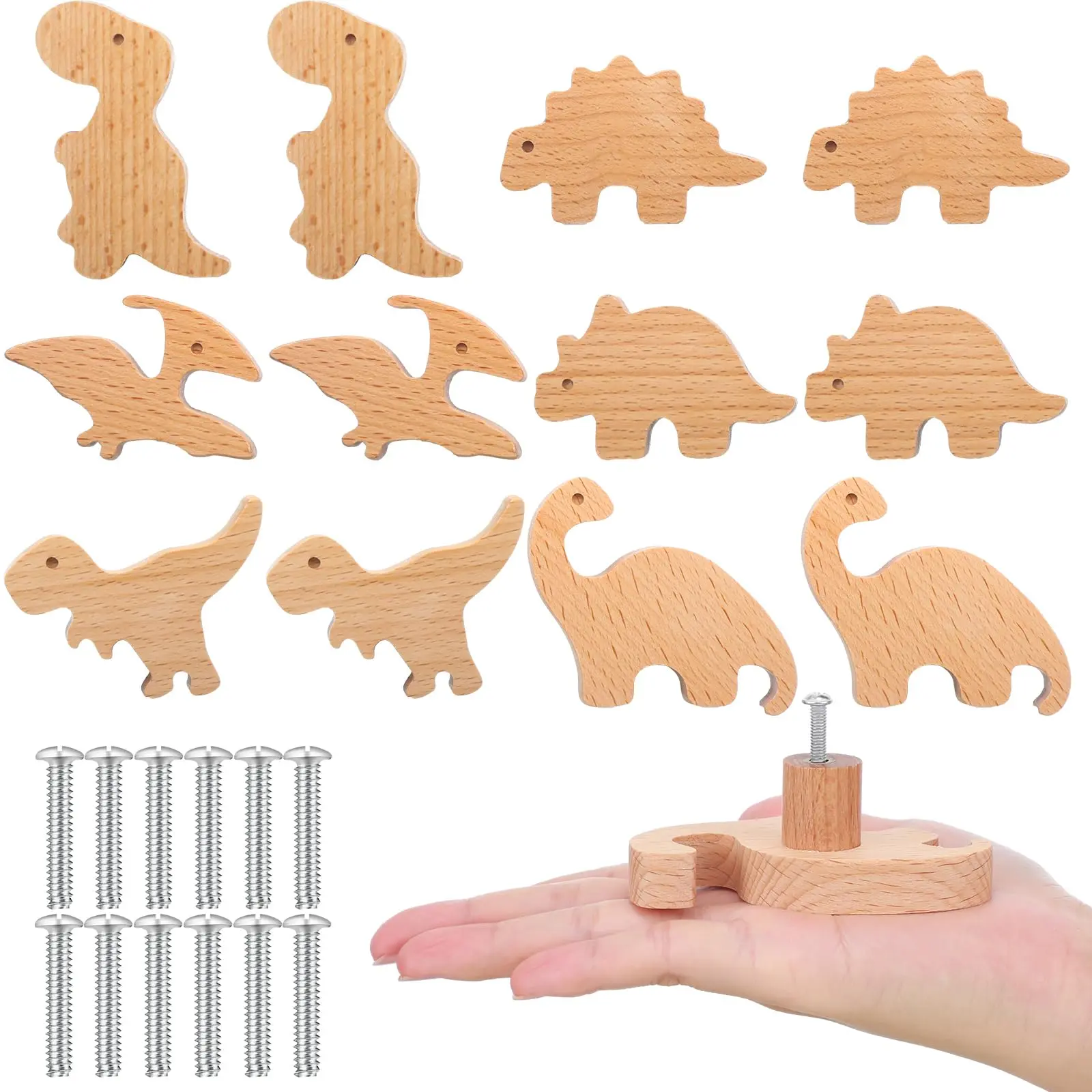Wooden Animal Cabinet Knobs Decorative Wood Dresser With Screws Pulls Marine Woodland Animals Handles For Home Furniture Decor(dinosaur 12 Sets)