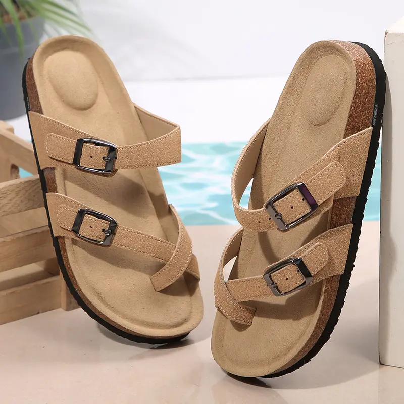 Women's Comfortable Outdoor Strappy Slip-On Slippers 2 Adjustable Buckle Cork Footbed Slides For Sandals