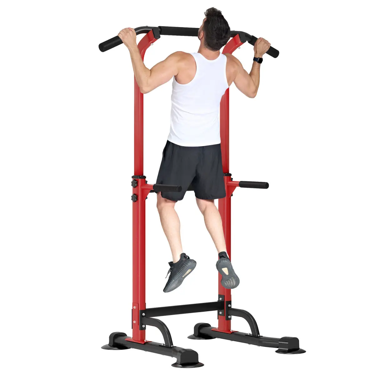 Adjustable Pull Up Bar & Dip Station - 10 Height Settings, 400LBS Capacity, Multifunctional Home Gym Strength Trainer for Men & Women,Red+Black full body fitness lover Foldable Weight Bench storage workout Sport Power Tower core training h-shaped base