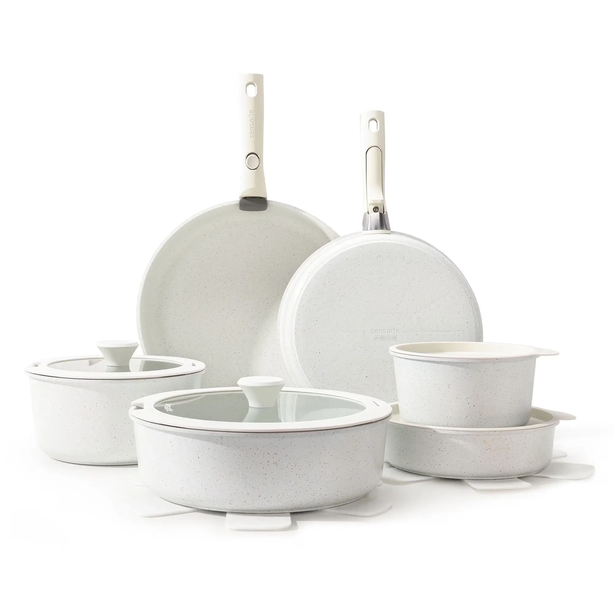 SENSARTE Nonstick Cookware Sets with Detachable Handles, 17Pcs Granite Pots and Pans Set, Induction Kitchen Cookware Sets Stackable White